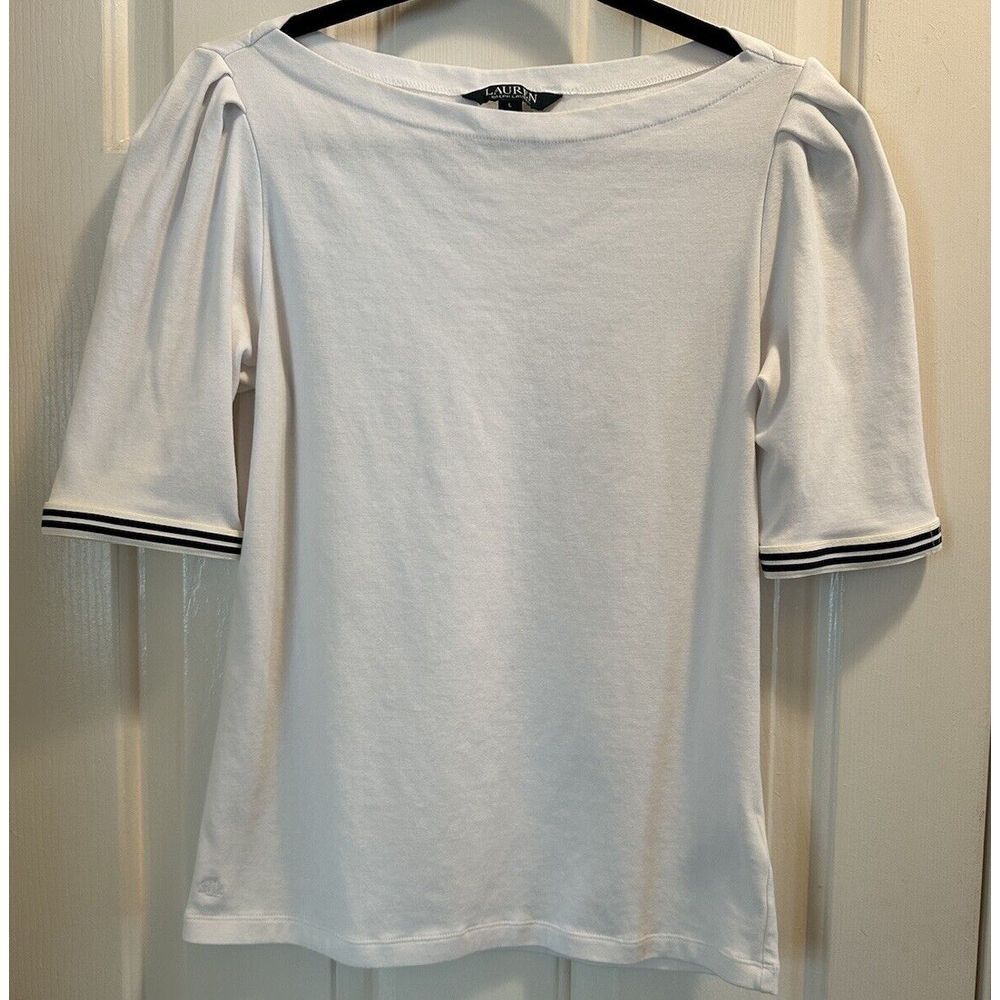 LAUREN RALPH LAUREN‎ WHITE ELBOW SLEEVE KNIT TOP, BLUE/WHITE SLEEVES, LARGE